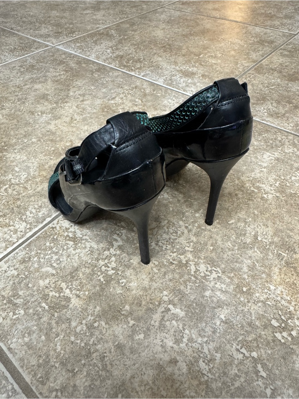 L.A.M.B. Black and Teal Iridescent Cross-Strap High Heel Sandals - Picture 8 of 8